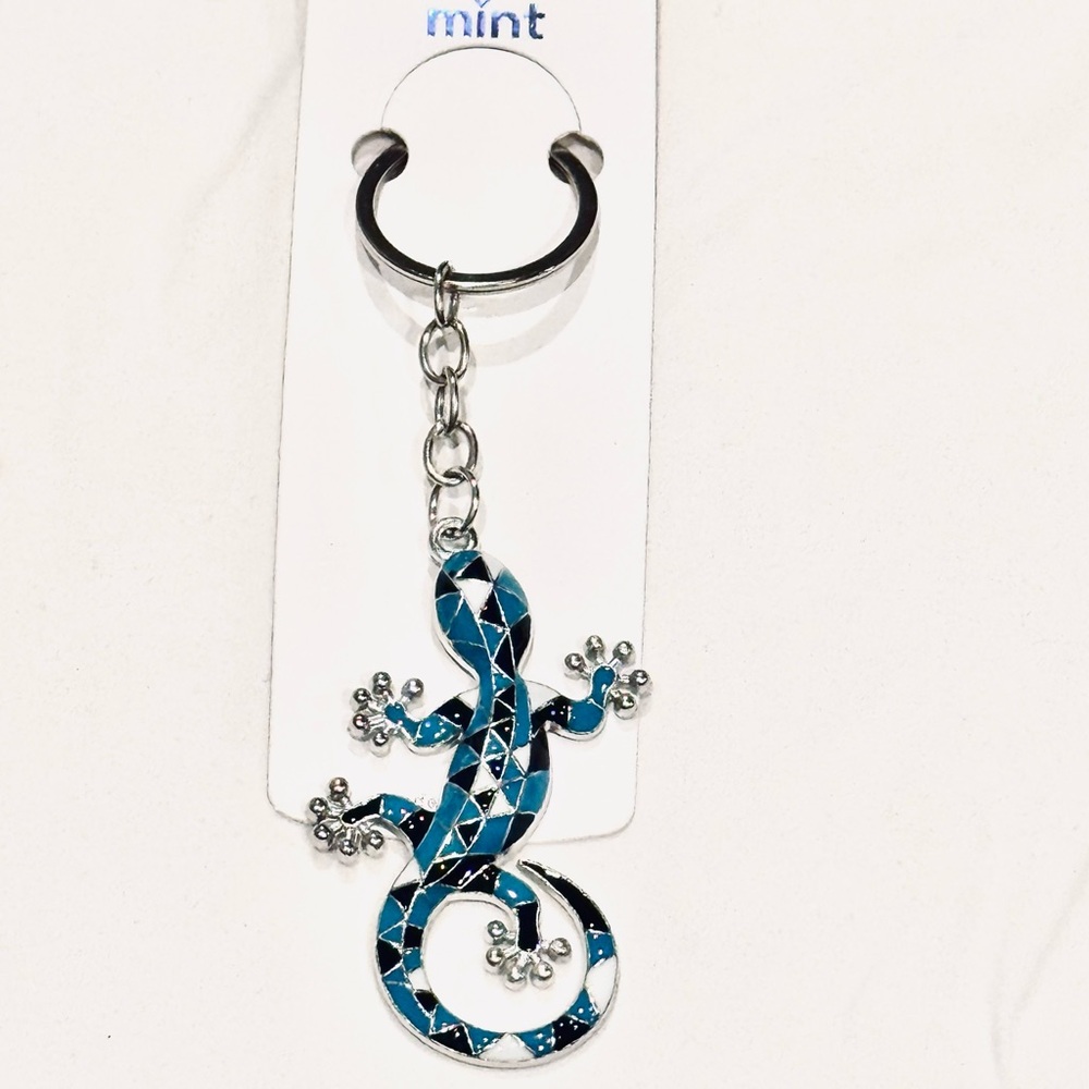 BAG CHARM MINT Blue Mosaic Gecko Lizard Keychain 4.5 in